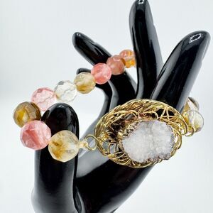 Vintage Clear Quartz Crystal Geode Bracelet Stretch Bead Rose Quartz Love